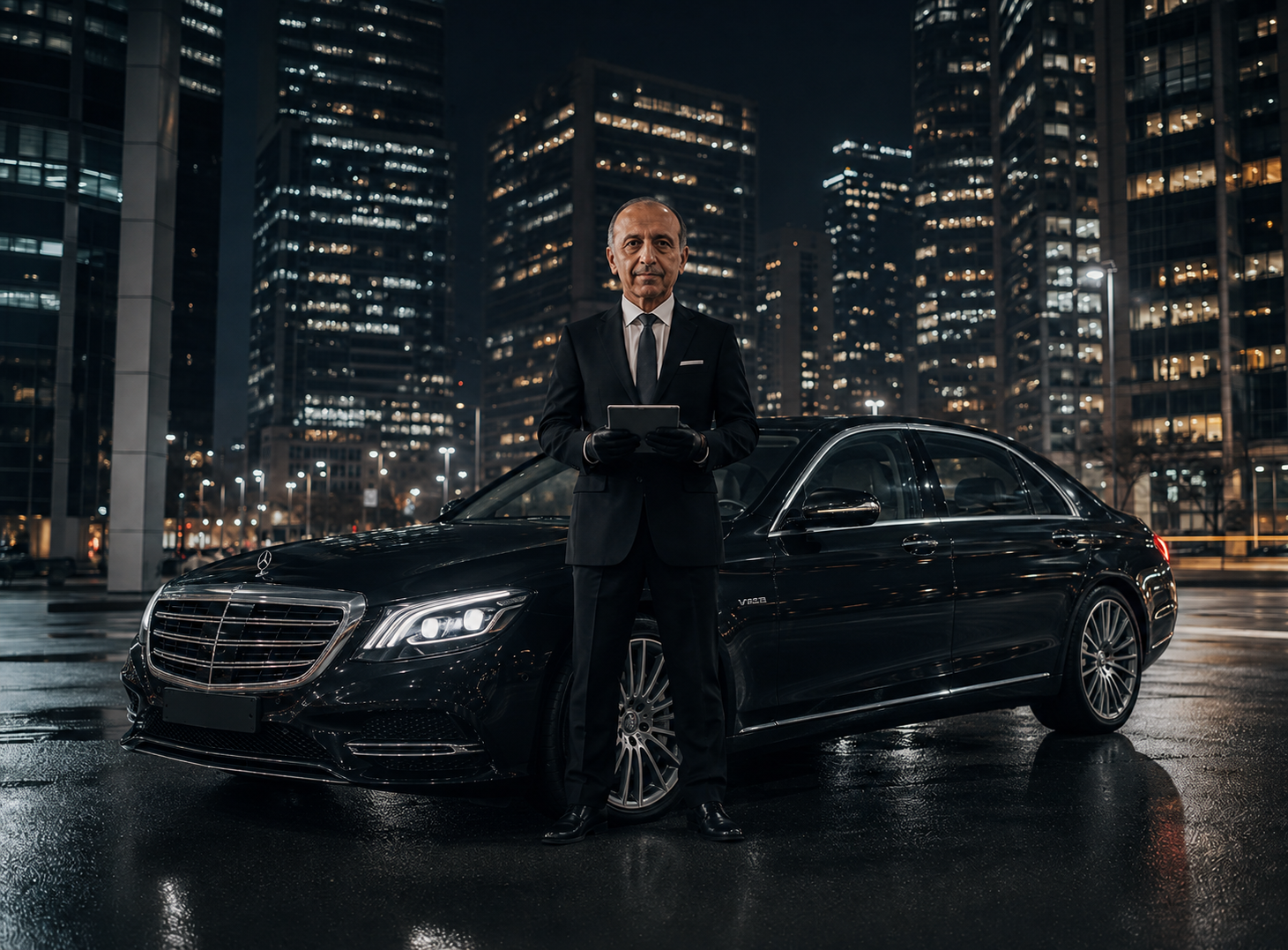 Executive chauffeur waiting beside a luxury Mercedes in the city