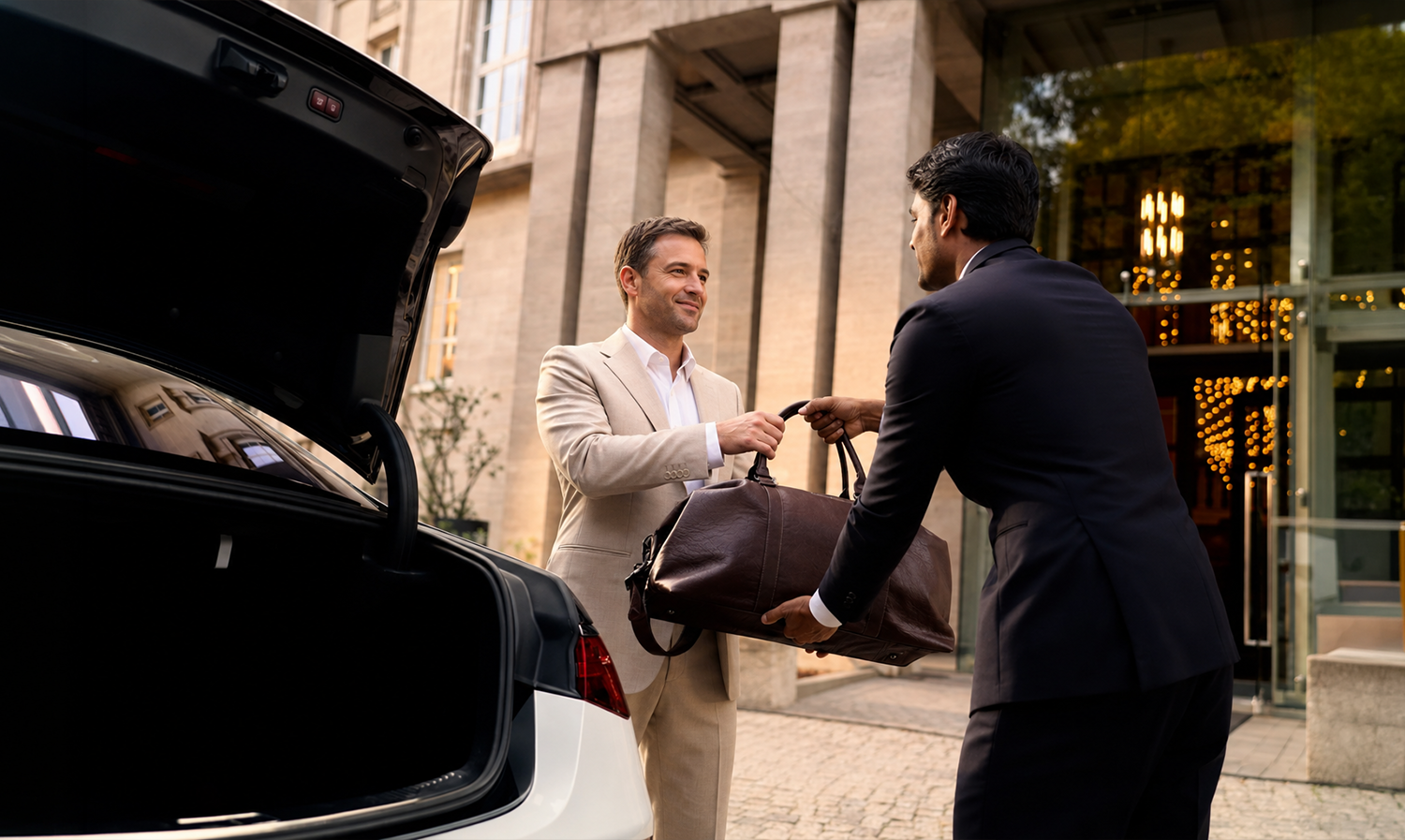 Professional chauffeur welcoming a passenger